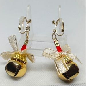 2" x 1" Christmas Holiday Gold Bell White Bow - Gold Clip-on Dangle Earrings